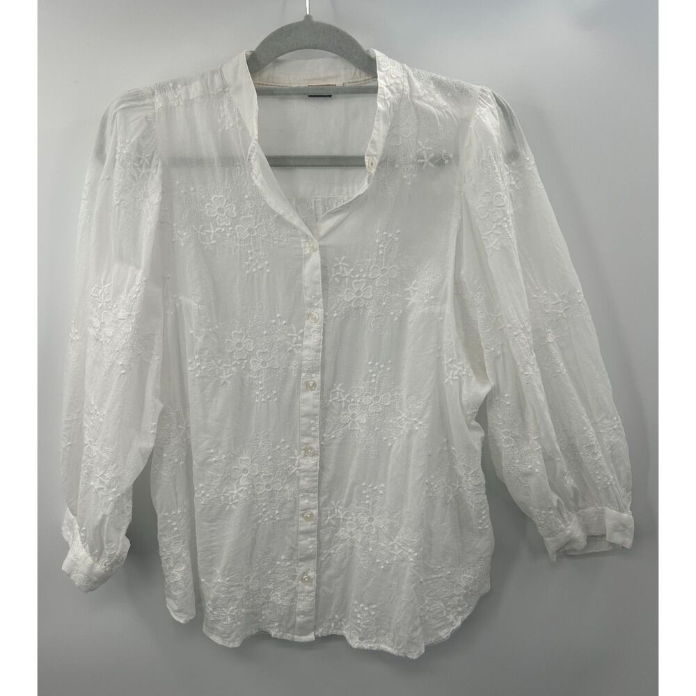 Anthropologie Bella Femme Pilcro White Floral Embroidered Button-Up Blouse M